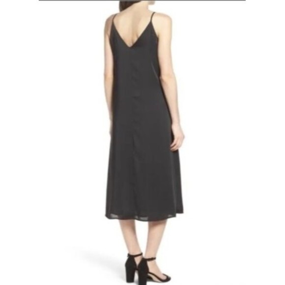 Chelsea28 Satin Midi Slip Dress XS Diagonal Waist Black V-Neck Ruffle Spaghetti - Picture 2 of 8